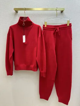 2023 Dámské Oblečení Jednoduché half zip svetr s ležérní kalhoty oblek na Podzim Zima Nový