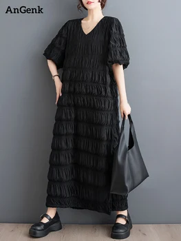 2023 Letní Nové Černé Vintage Šaty Ženy V-Neck Polovina Rukáv Office Lady Práce Volné Ležérní Dlouhé Šaty Módní Elegantní Šaty