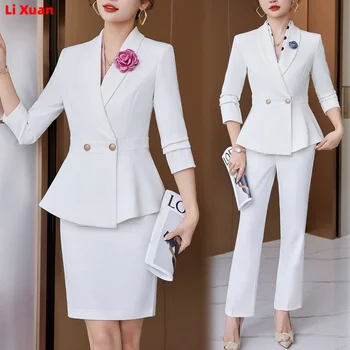 2024 Podzim Zimní Dámské Bílé Sako Ženy oblek s Sady Úřadu Práce Nosit Uniformu Velikost 4XL Kalhoty Bunda