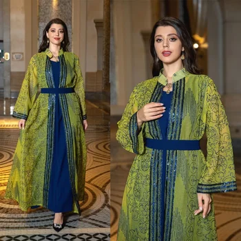 2ks Set Otevřené Abaya Páskem Šaty Muslimské Ženy Flitry Květinové Výšivky Kimono bez Rukávů Vnitřní Spodní Sukně Kaftan šaty Šaty