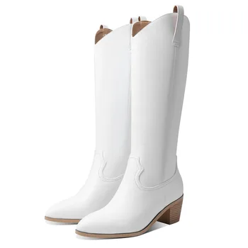 AOSPHIRAYLIAN Vintage Elegantní Západní Boty Pro Ženy 2023 Bílé Čtvercové Podpatky Skluzu Na Boty Kovbojské boty Zimní Dámské Boty