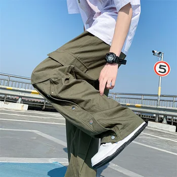 Cargo Kalhoty Pánské Letní Retro Korean Typ Módní Volné Střední Pás Široký Nohou Kalhoty Móda All-Odpovídající Casual Rovné Kalhoty