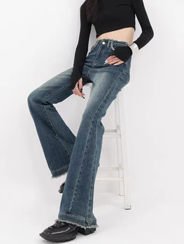 Dámské Burr Edge Design Vysokým Pasem, Micro Zkosené Kalhoty Ležérní Džíny Vintage Americké Ulici Ženské Rovnou Džínové Kalhoty