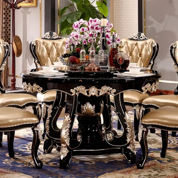 Evropská jídelní stůl celý z masivního dřeva rotující kulatý stůl Neoklasicistní ebony mramorová Americký jídelní stůl a židle kombinace