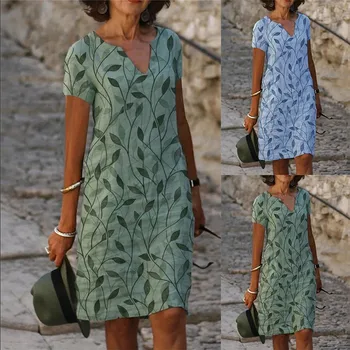 Formální Šaty Elegantní Ženy Letní Krátký Rukáv V-neck Volné Midi Vintage Šaty 2023 Sexy Kolena Délka Vestido Feminino