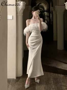 Francouzský Módní Elegantní Off-Rameno s hlubokým Výstřihem Dámské Péřové Šaty Jaro Léto Sexy Dívka Vysokým Pasem, Slim Fit-line Šaty