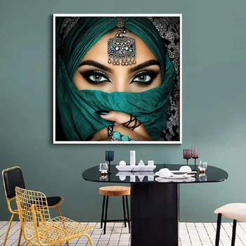 Islámská Žena s Zelený Turban Plátno Malba, Moderní Obrázek Plakát a Otisky Umění Zdi Obraz Ložnice Domácí Dekor cuadros