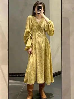 Japonsko Styl Květinové Tisk Vestidos Mujer V-neck Dlouhou Sleeeves Šaty Podzim Elegantní Tunika Šaty Ženy Elegantní Tlačítko Ropa Mujer