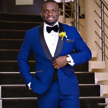 Královská Modrá Africké Ženich Oblek pro Svatební Slim Fit Muži Obleky Černý Šál Klopě Nejlepší Muž Svatební Ples Večírek Mužský Oblek 3 Ks