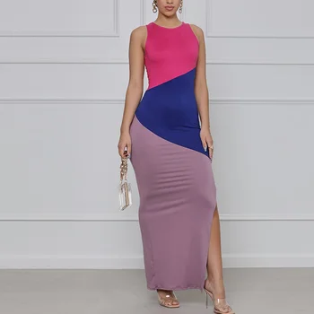 Letní Dámské Bez Rukávů Barva Odpovídající Prošití Kolem Krku Elegantní Slim Party Maxi Šaty 2021 Nové
