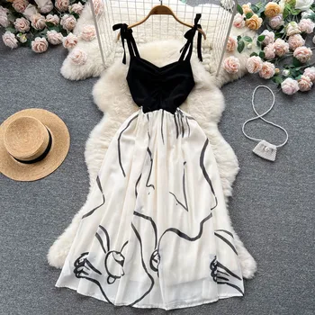 Letní Print Black White Sestříhané Popruh Šaty Ženy Elegantní Šifon Šaty Vintage Slim-line Dlouhé šaty Vestido