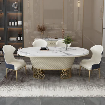 Luxusní Sada Jídelní Stůl s 6 z Nerezové Oceli Kožené Židle a Oválný Mramorový Stůl - Ideální pro Kuchyň a obývací Pokoj Dekor