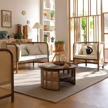 Masivního dřeva, pohovka domácnosti krém styl obývací pokoj v Japonském stylu bílého vosku, dřeva, ratanový tkaní homestay ratanové křeslo kombinace