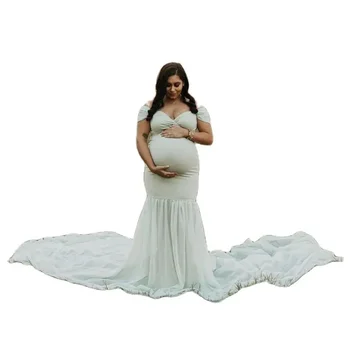 Mateřské Dlouhé Bavlněné Šaty Těhotenství Fishtail Šaty Fotografie Rekvizity Na Focení Sexy Off Rameno Těhotné Ženy Maxi Šaty