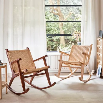 Pevné dřevěné houpací křeslo jednoduchý ratanový volný čas ratanový líný lana tkané nábytek ručně.