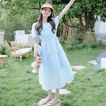 Puff Sleeve O-neck Lake Blue-line Šaty pro Ženy 2023 Letní Elegantní Sladké korejský Styl Ležérní Slim Fit Dlouhé Šaty 3160
