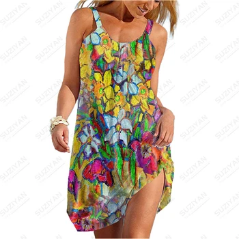 Roztříštěné Květiny Sexy Šaty olejomalba Beach Mini Šaty Ležérní Šaty Dámské Letní šaty bez Rukávů Elegantní Bohémský Party Šaty
