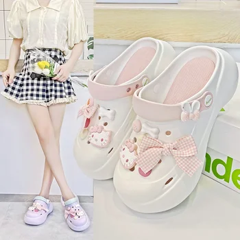 Sanrio Hello Kitty Dřeváky dámské oblečení nové tlusté chodidla roztomilý kreslený mimo domov nosit plážové boty sandály sandály ženy