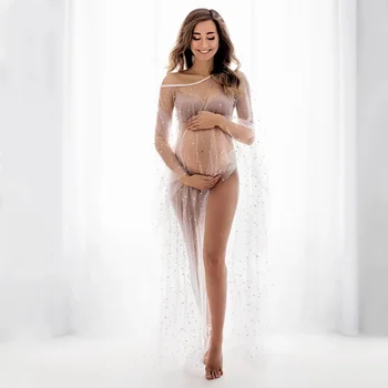 Sexy Vidět Přes Pearl Těhotenské Šaty Fotografie Rekvizity Cape Plášť Pearl Tylu Těhotenství Focení Dlouho, Ženy Oblečení