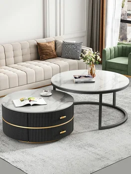 Světlo luxusní obývací pokoj, domácí rocková deska konferenční stolek, jednoduchý moderní kolo, minimalistický malém bytě TV stolek