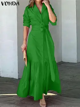 VONDA Ženy Šaty Podzim Dlouhý Rukáv Tričko Šaty Elegantní Rozcuchané letní Šaty 2023 jednobarevné Ležérní Klopě Páskem Party Vestidos