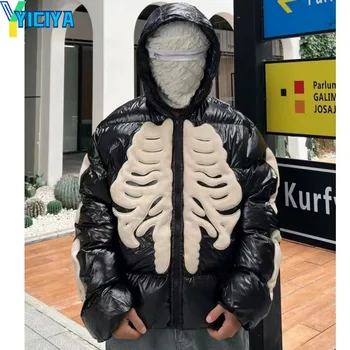 YICIYA bunda Vyšívané kostra Halloween Zahušťování závodní dámské kabáty bombardér Korean módní zimní Bundy nové oblečení 2023