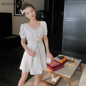 Šaty Dámské Retro Puff Sleeve Elegantní Mini Ženský Jednoduché Pevné Dovolenou Temperament Ležérní Ins Fit Letní Streetwear Korejský Soft