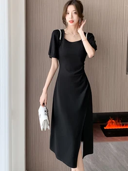 Ženy Korean Vintage Hepburn Černé Dlouhé Šaty Letní Krátký Rukáv Diamanty Elegantní Šaty 2023 Elegantní Bodycon Party Večerní Šaty