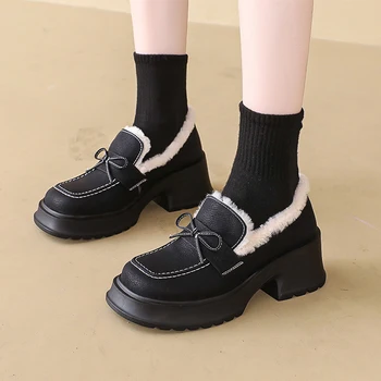 Ženy Mid Podpatky Kožešiny Povaleč Boty Platforma Luk Bavlna Boty Designer Nové Zimní 2024 Módní Krátké Plyšové Pěší Zapatos Mujer